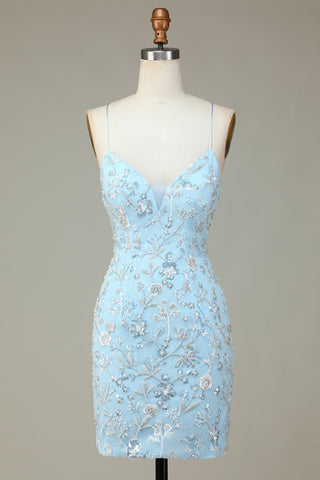 Stylish Bodycon Spaghetti Straps Light Blue Short Homecoming Dress with Beaded