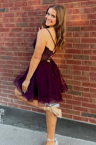 Sensational Instincts A Line Spaghetti Straps Purple Corset Homecoming Dress with Beading