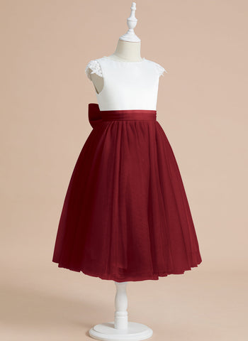 Vestido de niña de las flores para la Primera Comunión, corte en A, satén y tul, hasta la rodilla. 