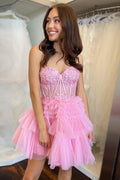 Lindo vestido de fiesta de línea A, escote corazón, corsé rosa claro con volantes