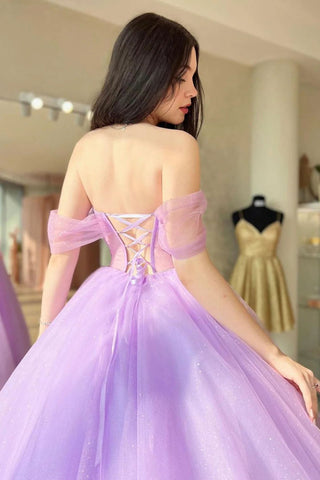 Princess A Line Off the Shoulder Purple Long Prom Dress with Criss Cross Back
