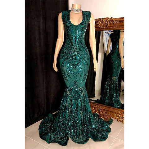 Robe de bal sirène sexy à col en V et paillettes appliquées pour fille noire à couper le souffle