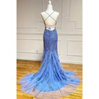 Vestido de fiesta largo con apliques de tul y escote redondo con corte tubo/columna 