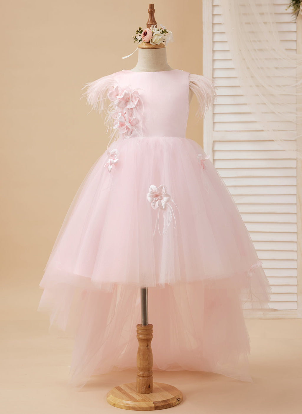 Vestido de niña de las flores de tul sin mangas estilo princesa con cuentas y lazo de plumas (010224704) 