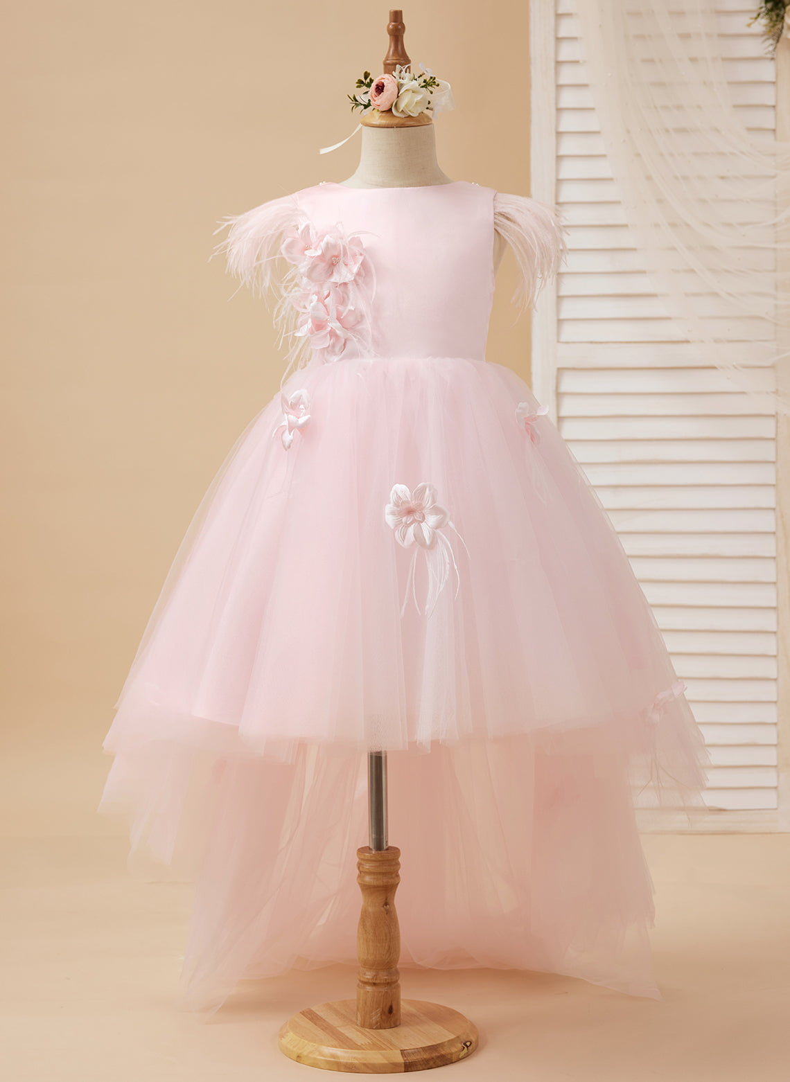 Vestido de niña de las flores de tul sin mangas estilo princesa con cuentas y lazo de plumas (010224704) 