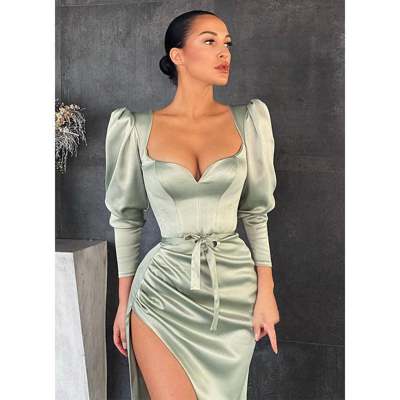 Vestidos de noche formales sexys con escote en V, pliegues, aberturas laterales y mangas largas 