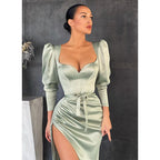 Vestidos de noche formales sexys con escote en V, pliegues, aberturas laterales y mangas largas 