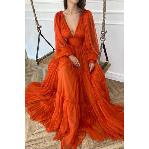 Robe de soirée trapèze sexy à col en V profond et manches longues en tulle orange 