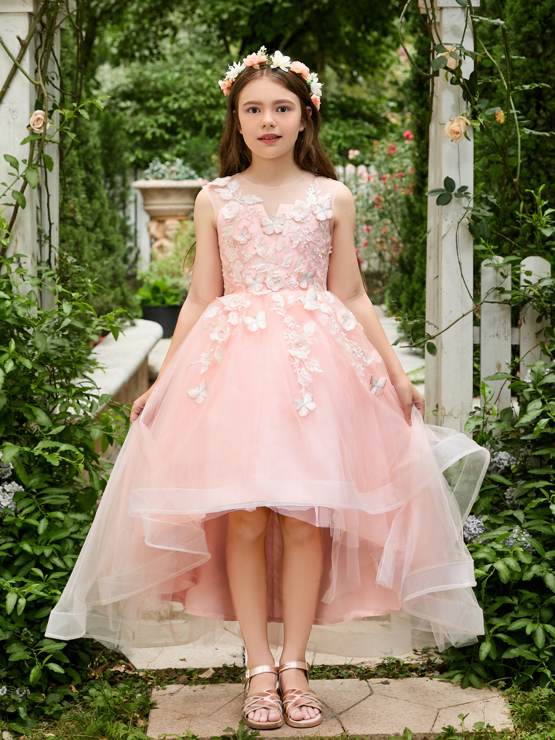 Vestido de princesa asimétrico de tul rosa para niña de las flores 
