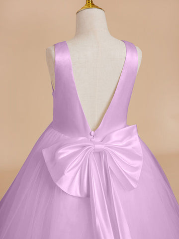 Vestido clásico blanco de corte A sin mangas para niña de las flores, de satén y tul 