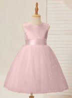 Vestido de princesa/vestido de princesa de satén y tul hasta la rodilla para niña de las flores 