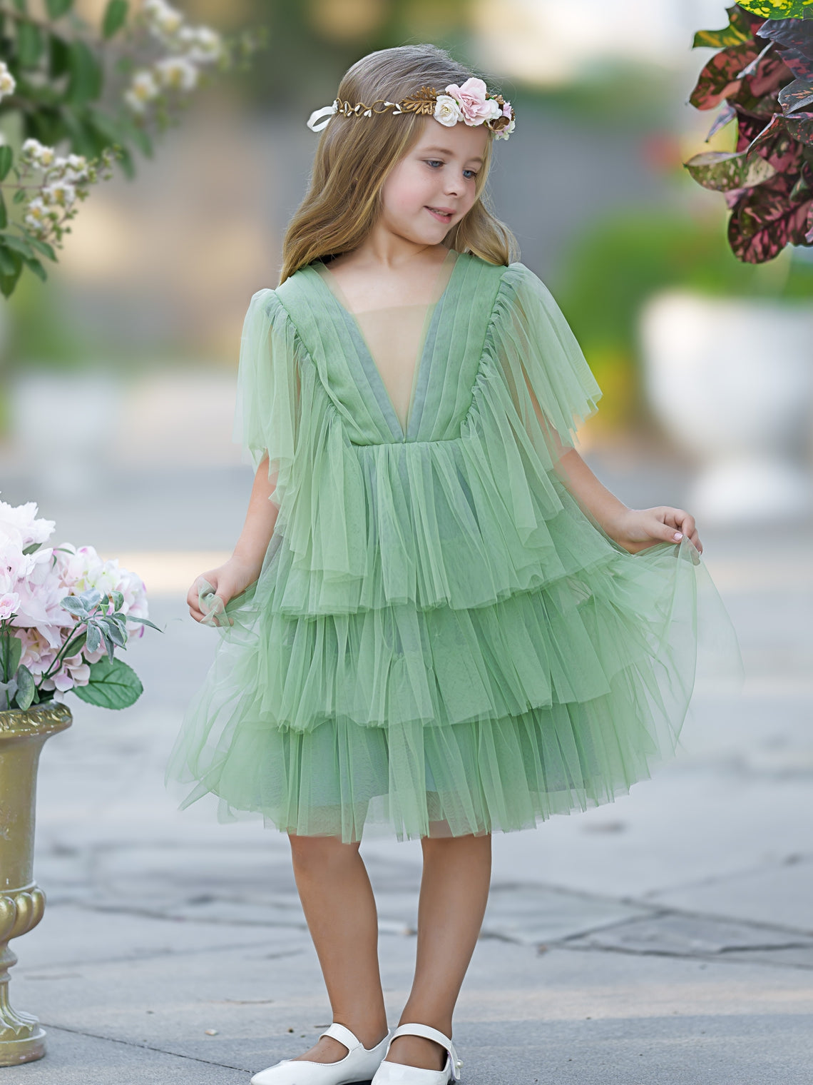 Vestido de niña de las flores de tul verde elegante de hada del jardín encantado