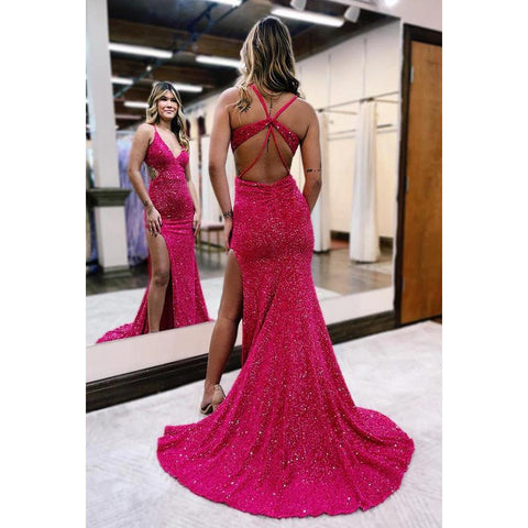 V-Neck Sleeveless Cut Outs Sequined Sheath Long Prom Evening Dress With Slit