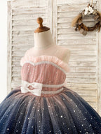 Impresionante vestido de niña azul degradado de tul hasta la rodilla 