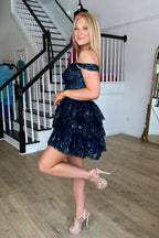 Vestido de princesa con corsé negro y hombros descubiertos para baile de bienvenida