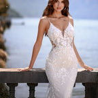 Robe de mariée sirène élégante, col en V, bretelles spaghetti, applications de dentelle, dos nu, longueur au sol, Vestidos De Novia
