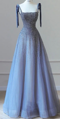 Vestido de fiesta azul brillante de corte A con tirantes finos y tul con cuentas, modelo Y7628