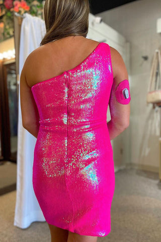 Vestido corto de fiesta Sweet Magic Sheath de un solo hombro con lentejuelas rosa intenso