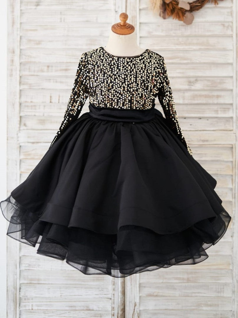 Vestido de fiesta negro para niña con lentejuelas hasta la rodilla 