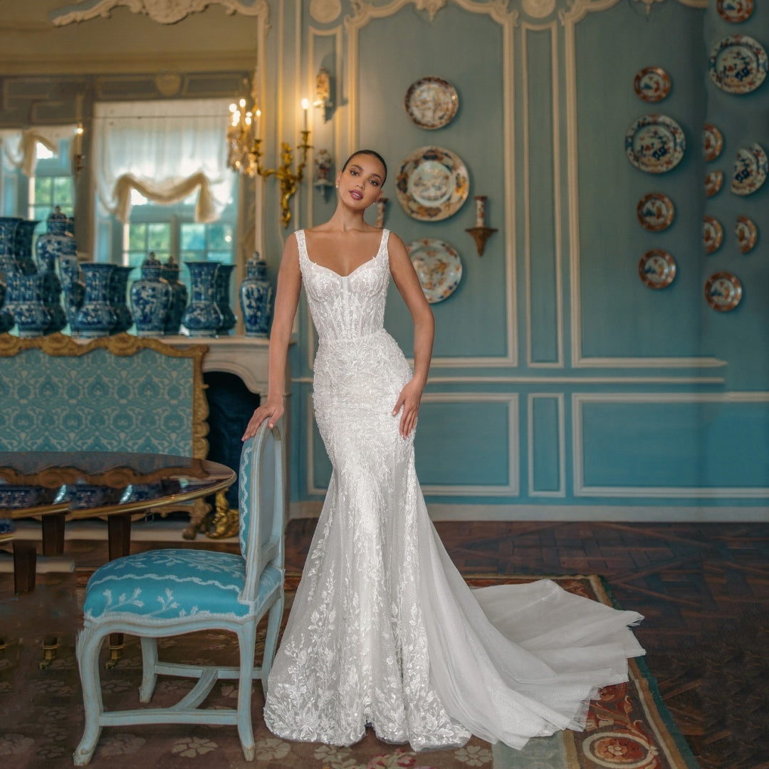 Exquisito vestido de novia para mujer, escote cuadrado, corte en A, apliques de encaje, lentejuelas, cola de tul, vestido a medida. 