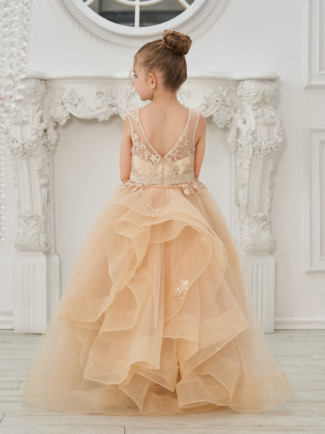 Vestido de princesa/vestido de princesa con cola de tul y vestido de niña de las flores color champán 