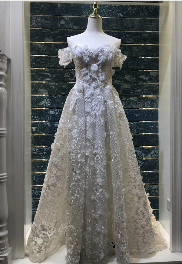 On Sale no return no refundSale Handmade Flowers Pearls Evening Dresses A-Line Off Shoulder LA6627
