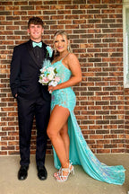 Sequins Spaghetti Straps Appliques Prom Dress with Slit