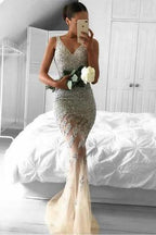 Tulle Beaded Long Mermaid V neck Lace Party Dresses, Long Prom Dress