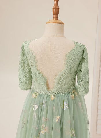 Vestido de niña de las flores color salvia con escote redondo, superficie de tela y tul (2003227581) 