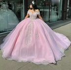Vestido de quinceañera rosa con hombros descubiertos, apliques y cuentas, vestido de baile, vestido de princesa para quinceañera Sweet 16 Y7464