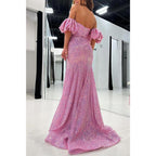 Vestido de noche para fiesta de graduación con hombros descubiertos, mangas abullonadas y cuentas, abertura lateral 