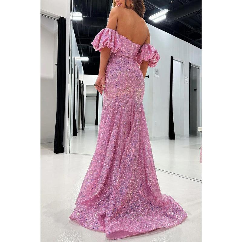 Robe de soirée à paillettes, épaules dénudées, manches bouffantes, perlée et fendue sur le côté 