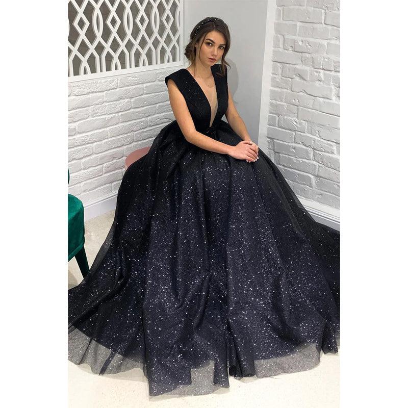 Plunging V-neck Black Sparkly Prom Dress