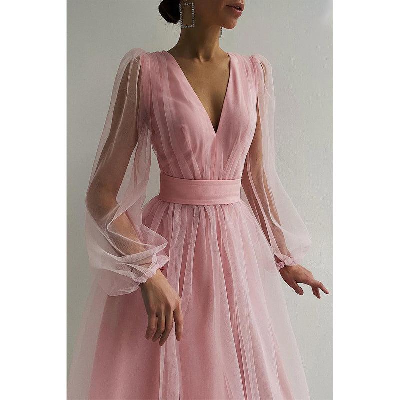 Vestido largo sexy de manga larga con cuello en V para cumpleaños 