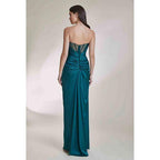 Robe de soirée longue en satin froncé à col en V et sans manches