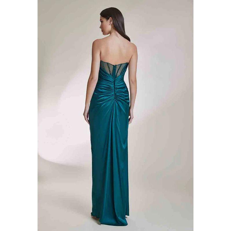 Robe de soirée longue en satin froncé à col en V et sans manches