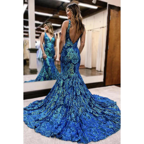 Robe de bal luxueuse à volants trompette/sirène, col en V, paillettes, dos nu