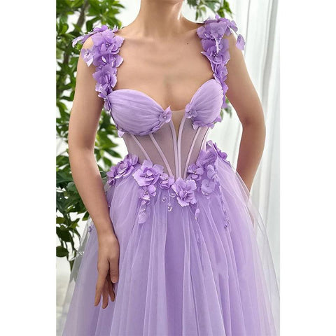Vestido de noche de fiesta de graduación con escote en forma de A de tul, tirantes finos y apliques florales 