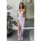 Robe de bal longue fendue à bretelles spaghetti pour femme