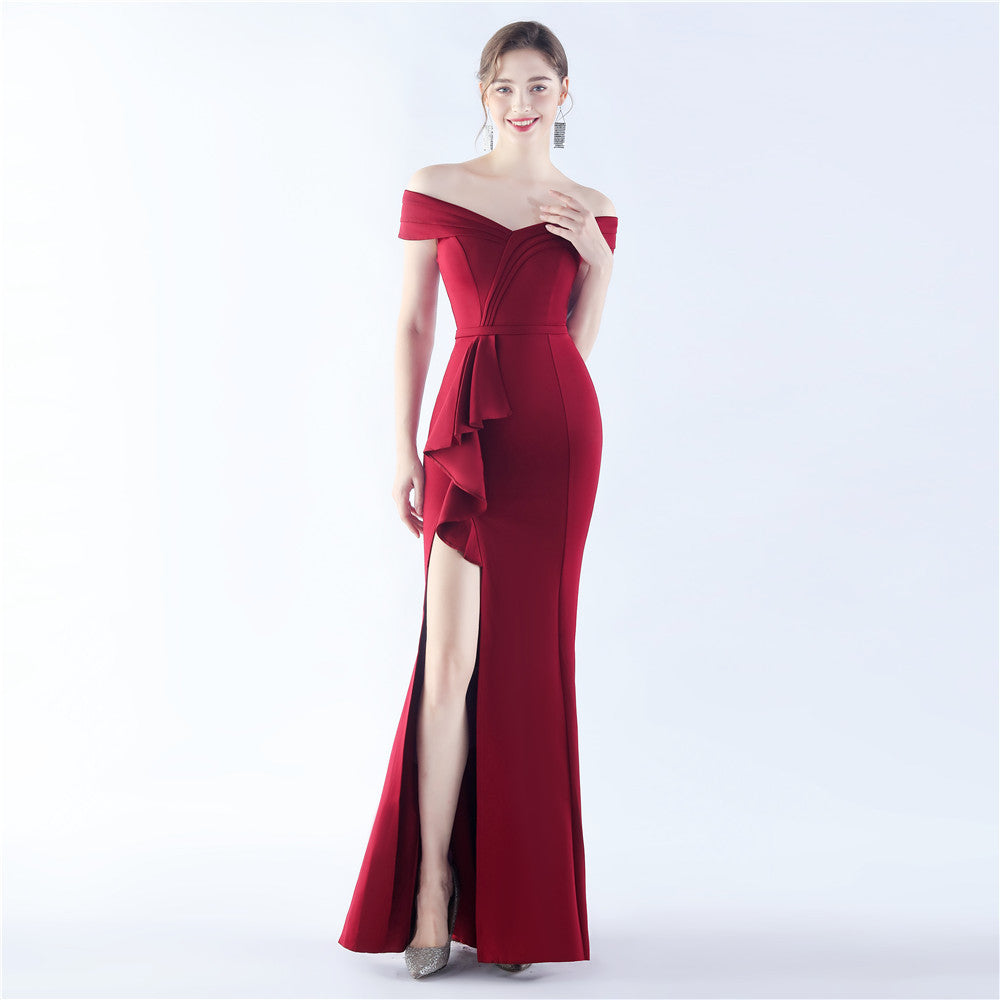 Classic Satin Off Shoulder Long Evening Dress Elegant Timeless