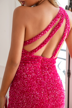 Robe de bal longue fuchsia à sequins avec fente