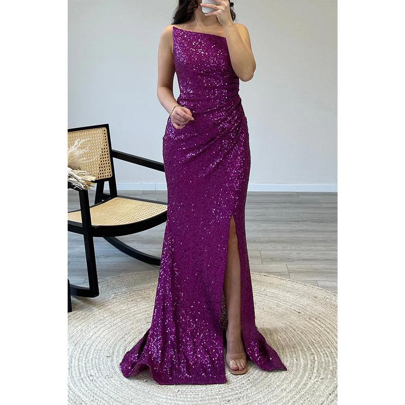 Robe de soirée longue à plis et paillettes, fourreau/colonne, sans bretelles 