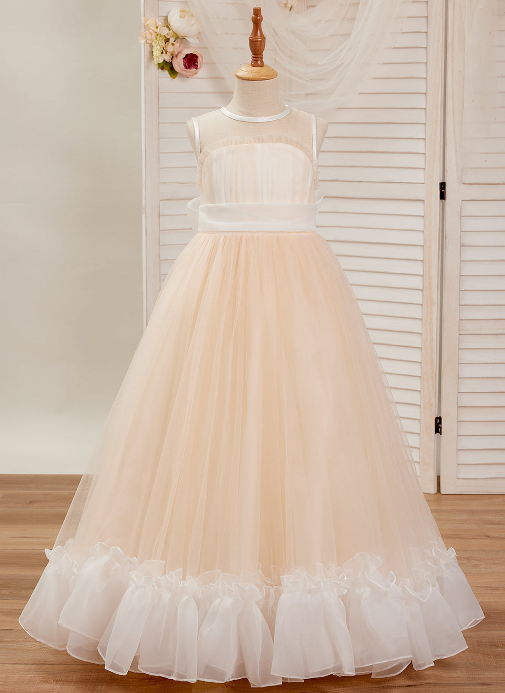 Vestido rosa de corte A, largo hasta el suelo, de tul y organza (010226975) 