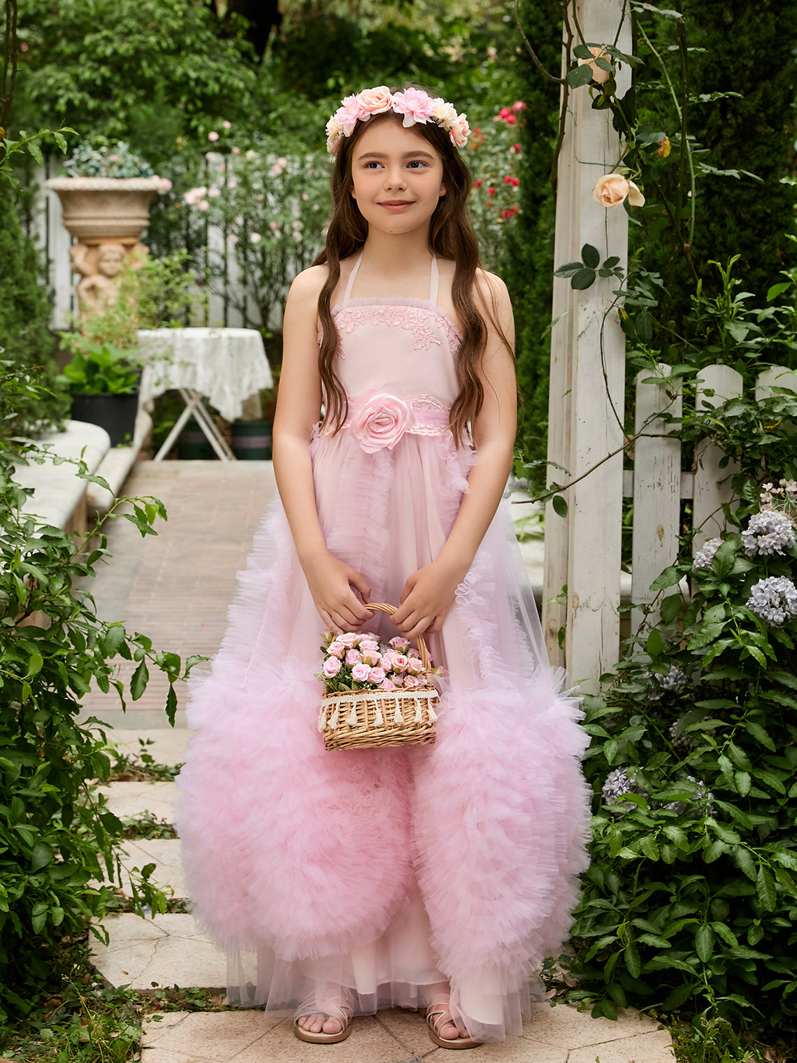 Vestido rosa de niña de las flores, corte en A, de gasa y largo hasta el suelo 