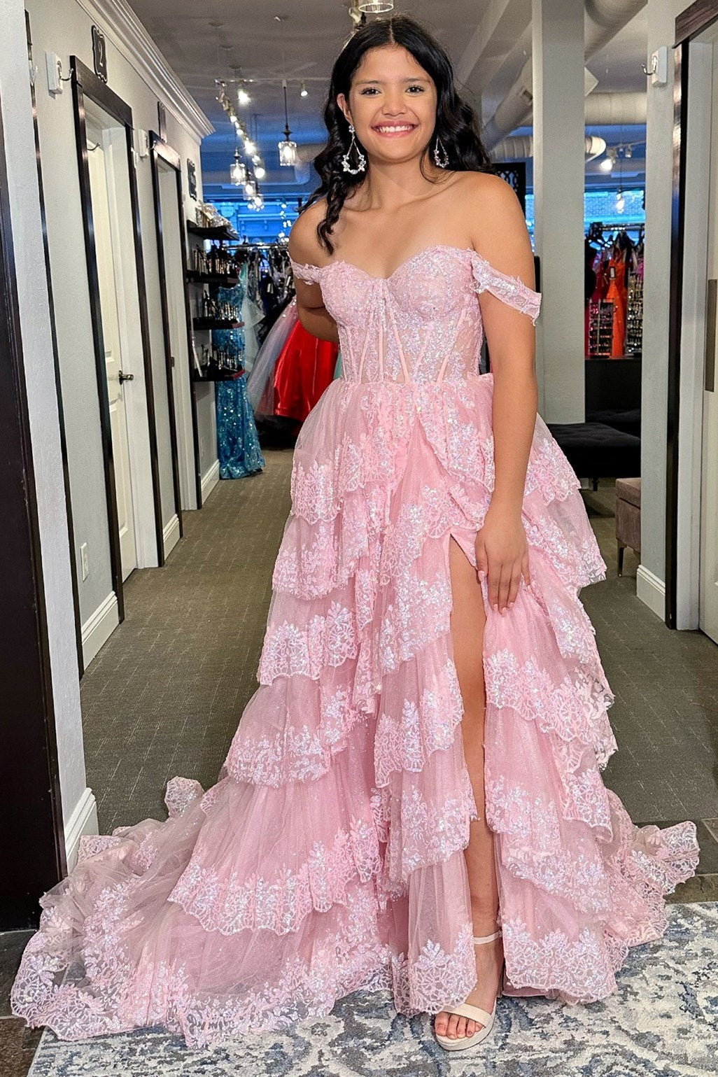 Ceryn | Pink Sequin Appliques Off-the-Shoulder Ruffle Tiered Long Gown