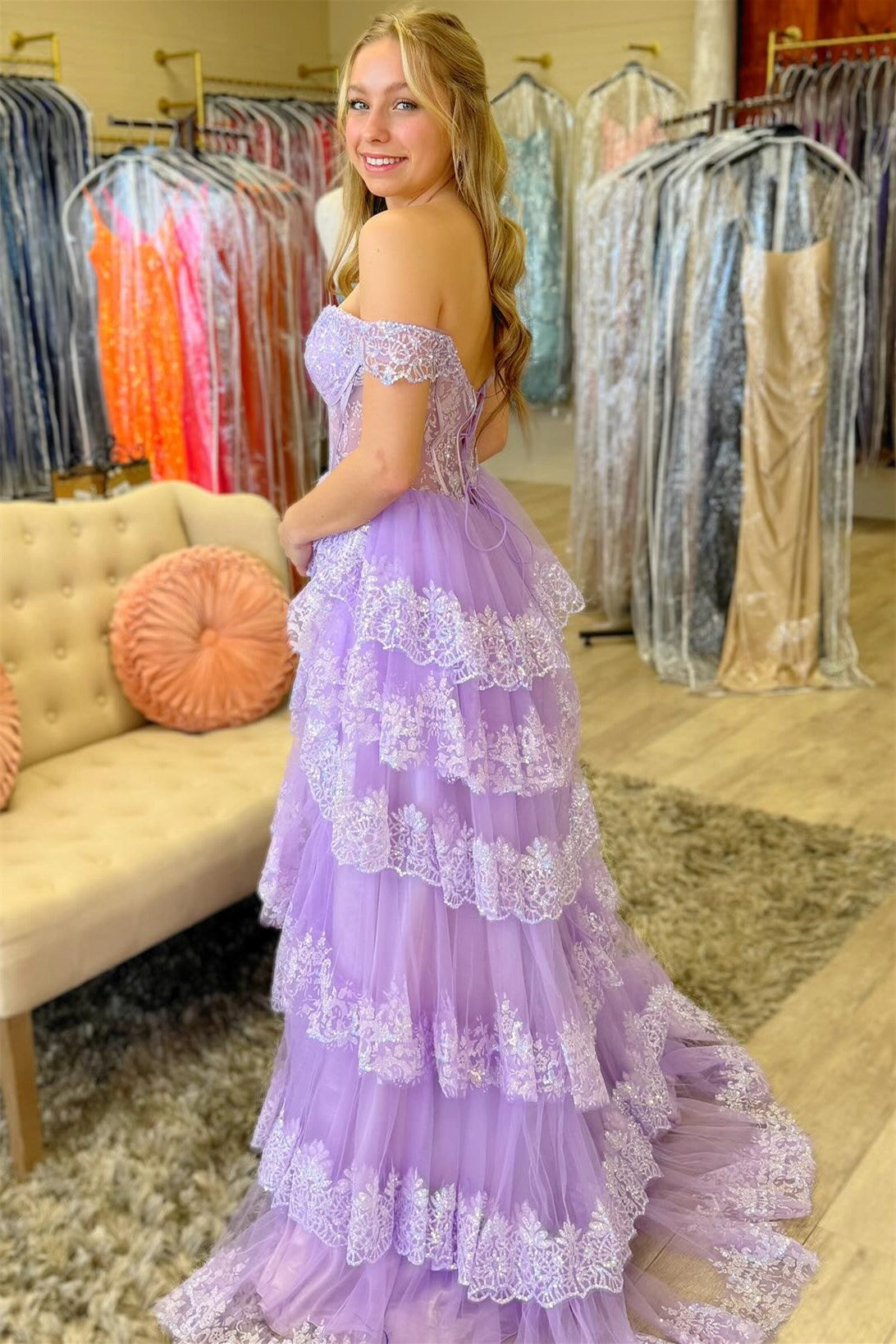 Ceryn | Pink Sequin Appliques Off-the-Shoulder Ruffle Tiered Long Gown