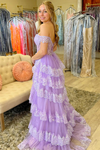 Ceryn | Pink Sequin Appliques Off-the-Shoulder Ruffle Tiered Long Gown