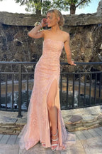 Robe de bal longue sirène bustier en dentelle avec fente