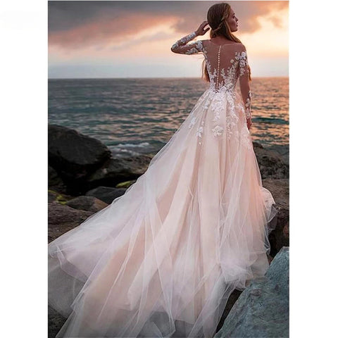 Lace Appliqued Bridal Gown For Women Illusion Long Sleeves Beach Wedding Dress Light Champagne Robe De Mariée Bride Dresses