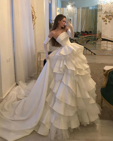 Precioso vestido de novia largo blanco sin tirantes de corte A, elegante vestido de noche con volantes en capas Y7632